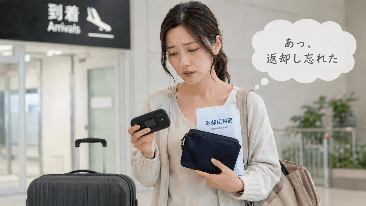 帰国後、空港の到着ゲートを出てそのまま電車の改札口に向かう途中で、バッグの中にあるレンタルWiFiの存在に気づき、「返し忘れた!」とハッとして足を止める女性。