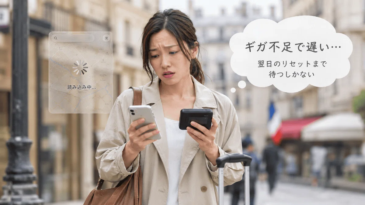 ヨーロッパの街角で、スーツケースを引きながら困惑した表情でスマートフォンとポケットWiFi端末を見つめる女性。女性の頭上には「ギガ不足で遅い… 翌日のリセットまで待つしかない」という吹き出し形式のテキストが表示されている。スマートフォンの横には、地図アプリの画面が「読み込み中…」のままインジケーターが回転して停止しているイメージが浮かび上がっている。背景にはフランスの国旗が小さく写っている。