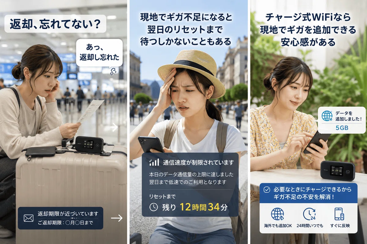 3つのシーンでレンタルWiFiのトラブルと解決策を比較した紹介画像。左のコマには「返却、忘れてない?」という見出しがあり、空港でスーツケースにレンタルWiFiを載せたまま「あっ、返却し忘れた」と焦る女性の姿と、「返却期限が近づいています」という通知画面が描かれている。中央のコマには「現地でギガ不足になると翌日のリセットまで待つしかないこともある」という見出しがあり、海外の街中で「通信速度が制限されています。リセットまで残り12時間34分」というスマホ画面を見て頭を抱える女性が描かれている。右のコマには「チャージ式WiFiなら現地でギガを追加できる安心感がある」という見出しがあり、笑顔の女性がスマホを操作して「データを追加しました!5GB」という通知を受け取っている。下部には「必要なときにチャージできるからギガ不足の不安を解消!海外でも追加OK、24時間いつでも、すぐに反映」と記載されている。