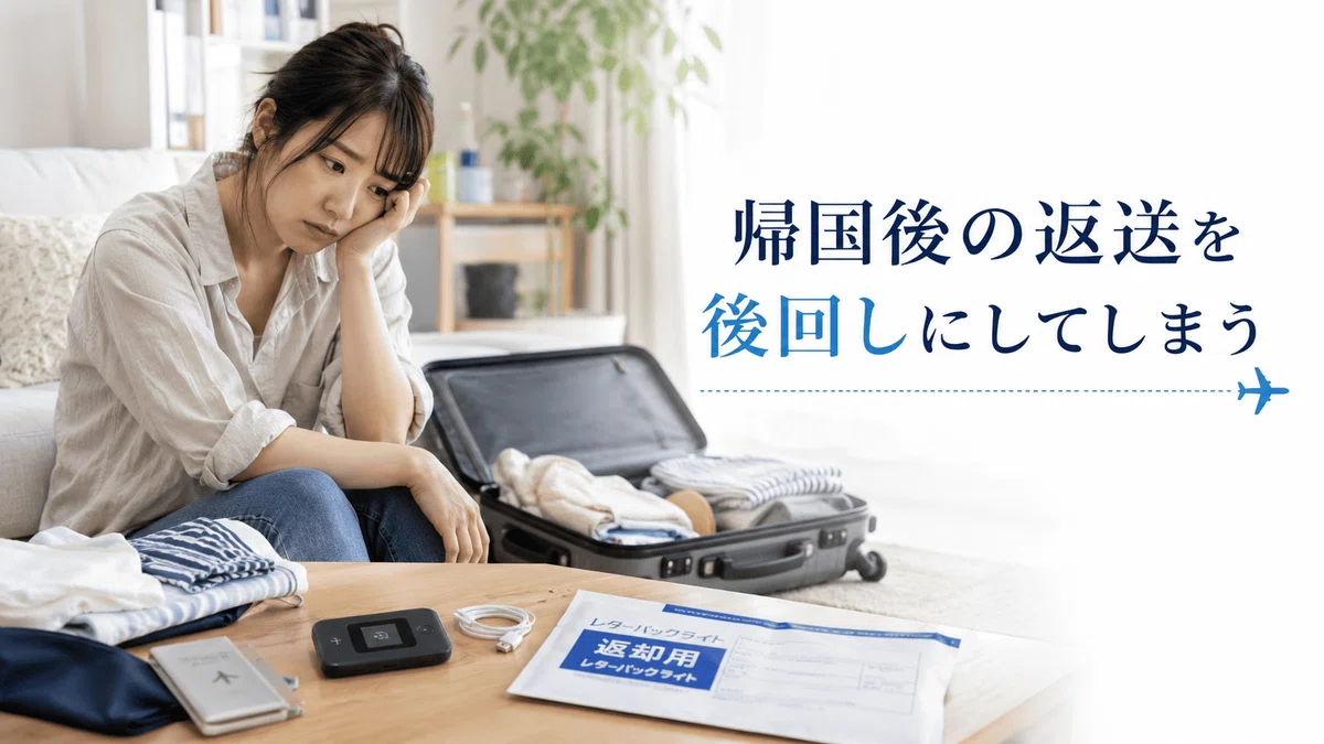 長旅を終えて自宅のリビングに帰着し、片付けをしている最中に、スーツケースの底から返却し忘れたレンタルWiFiのセットを見つけてしまい、ハッとして頭を抱える女性。