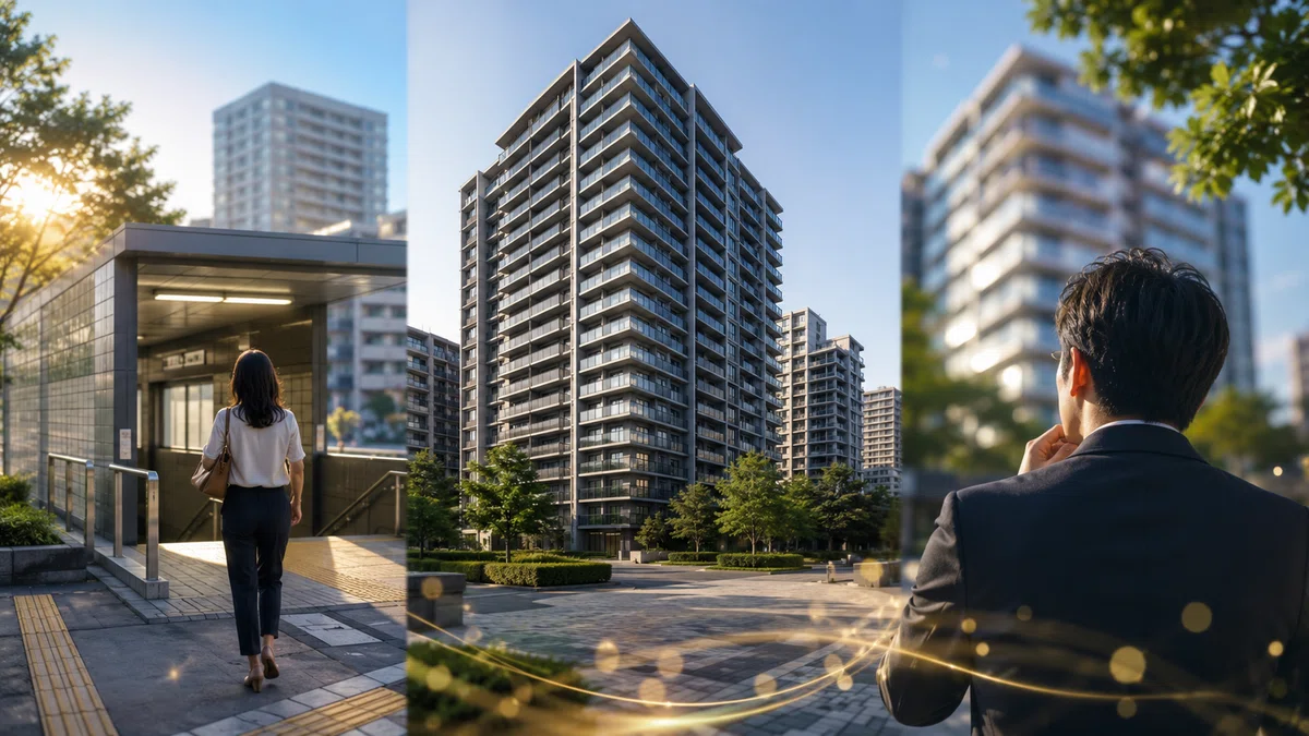 駅近の大規模マンションと購入を検討する人物を描いた資産価値のイメージ