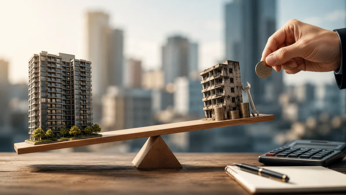 新しいマンションと老朽化した建物を天秤で比較する不動産資産価値のイメージ