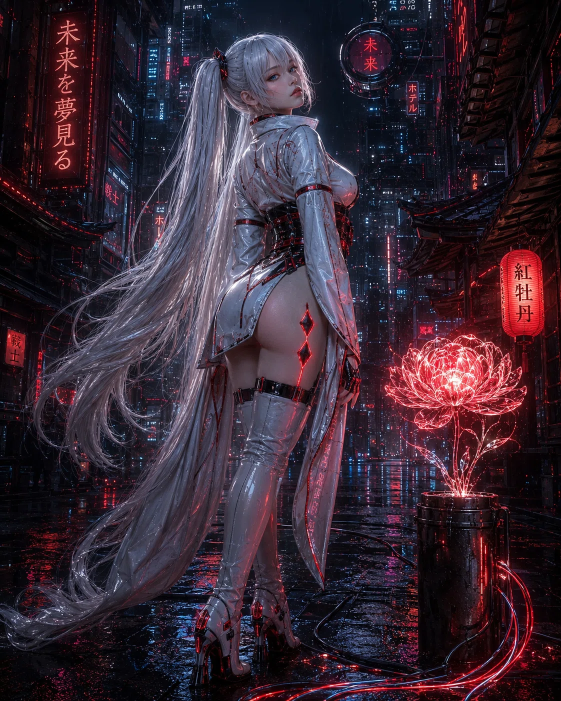 鈴木春信の『雨夜の宮詣』の情緒をサイバーパンクに昇華した縦長画面。漆黒の電脳街、雨に濡れたアスファルトに赤と青のネオンが縦に滲んでいる。傘も差さずに佇むのは、白銀の長いツインテールを持つ華奢な女性型アンドロイド。光沢のある白いショート丈のサイバー着物の衣紋を深く抜き、肩越しに虚空を見つめている。彼女の傍らには、暗闇を照らす灯籠のように、赤く怪しく発光するホログラムの牡丹（デジタルフラワー）の生け花が静かに据えられている。