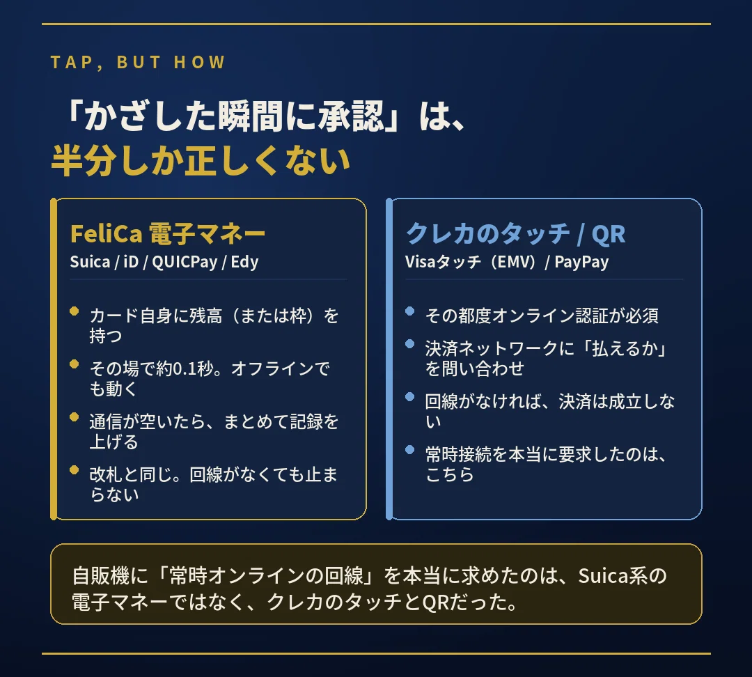 自販機の決済方式の違いを示す図解。FeliCa電子マネー(Suica・iD・QUICPay・楽天Edy)はカードに残高を持ち約0.1秒・オフラインでも決済できるのに対し、クレジットカードのタッチ決済(EMV)やQRコード決済(PayPay)はその都度オンライン認証が必要。常時接続の通信回線を本当に要求したのは後者であることを比較。