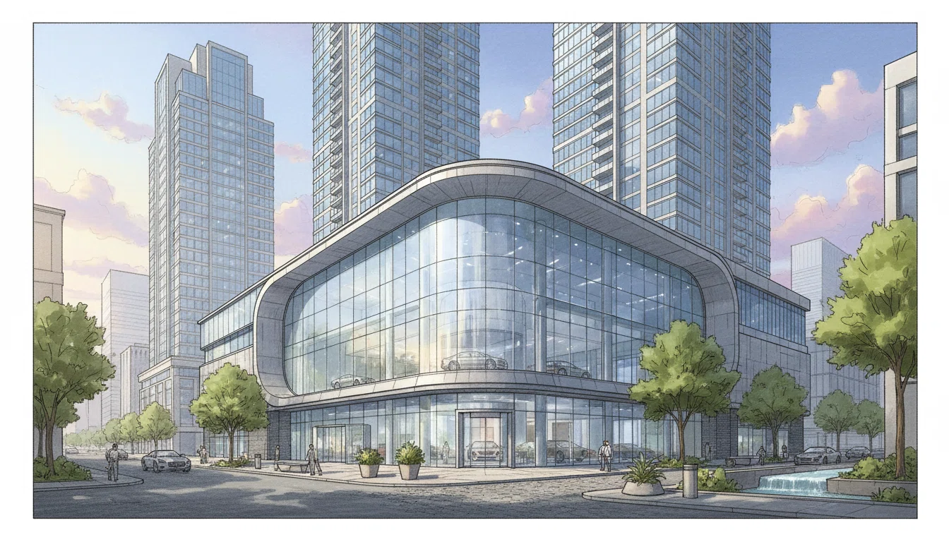 都市部の高層ビル街に立つレクサスディーラー