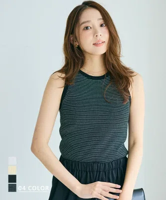 Tシャツより少し整えて見せたい日に着やすい、BASEMENT onlineのアメスリリブニットを使った夏のノースリーブコーデ