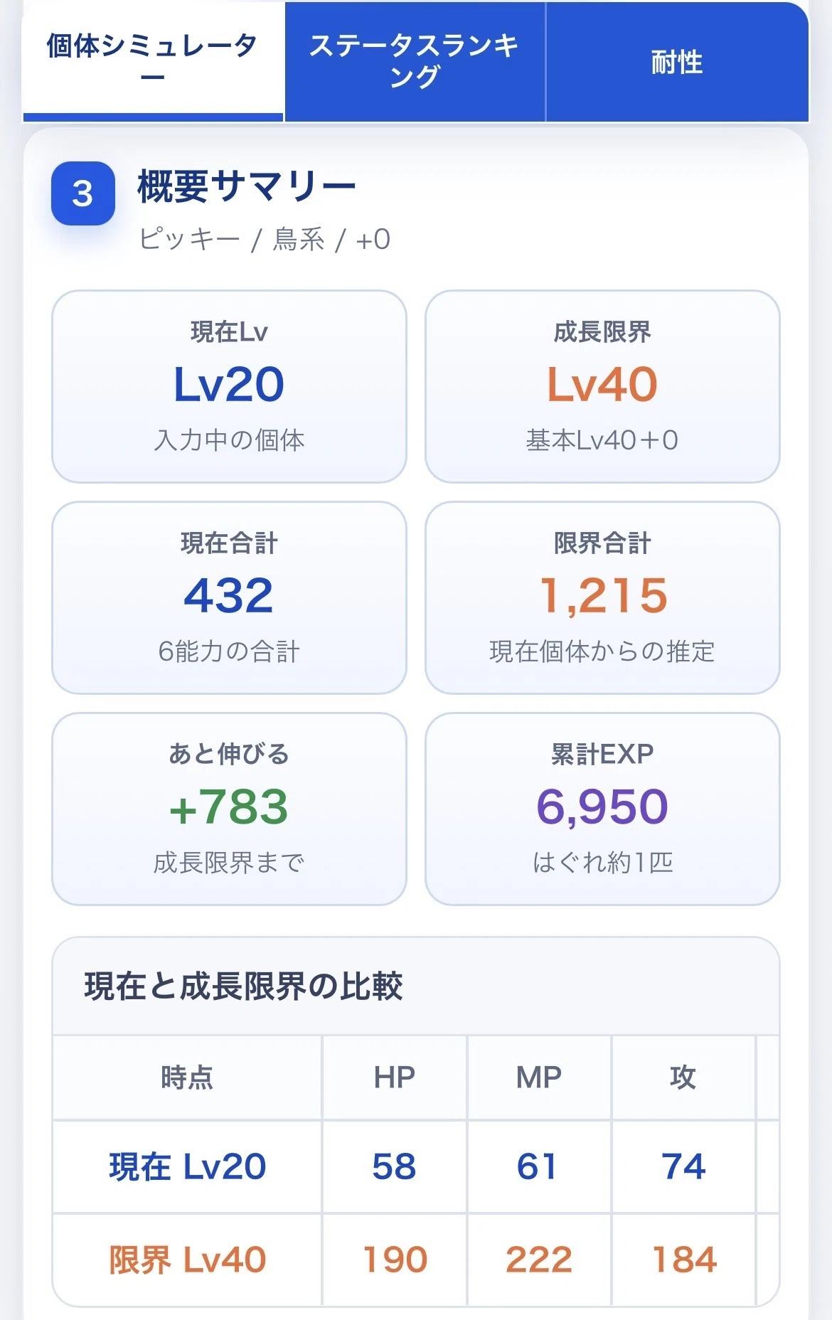 テリワンシミュレーションツール】Lv1〜99の全ステータスを一発検索