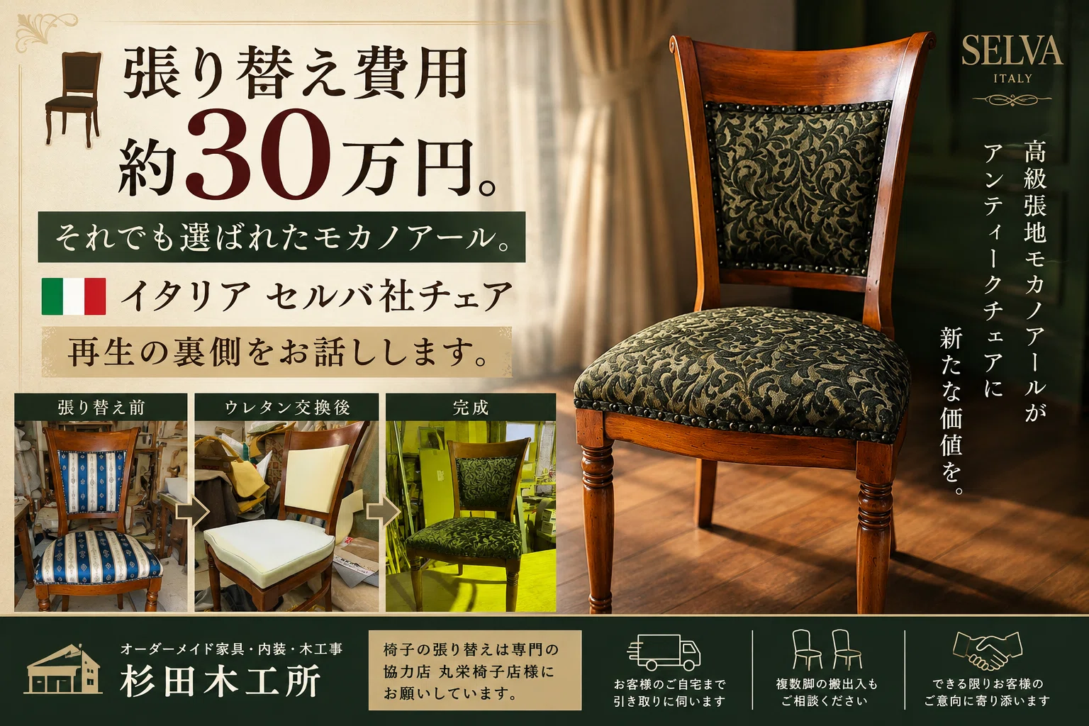 ?張り替え費用約30万円。それでも選ばれたモカノアール。??イタリア 