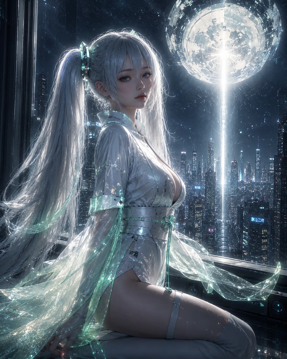 ​夜のサイバーパンク都市を見下ろす高層ビルの窓辺に座る、銀髪ツインテールのアンドロイドの少女（RED）。彼女は光沢のある白いショート丈のサイバー着物と、淡い緑色に発光する半透明の羽衣を纏っている。背景の夜空には、純白に激しく輝く巨大な球体型の軌道衛星が浮かび、地上へ向かって一本の強い光のビームを放っている。少女はどこか切なげで、吸い込まれそうなほど美しい瞳でこちらを見つめている。