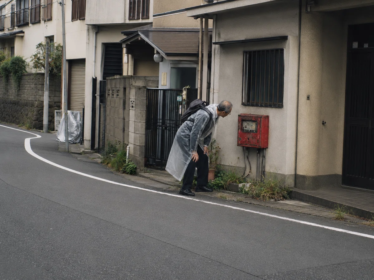 住宅街の道路に面した民家の外壁付近で、高齢男性が赤いメーターボックスを確認している。男性は背広の上から半透明の雨合羽を着て、背中にリュックサックを背負っている。雨は降っておらず、路面も乾いている。外壁には塗装の剥げた赤い金属製の箱があり、表示窓または計器部のようなものが見える。通行人が道路側から撮影した記録写真のように見える。