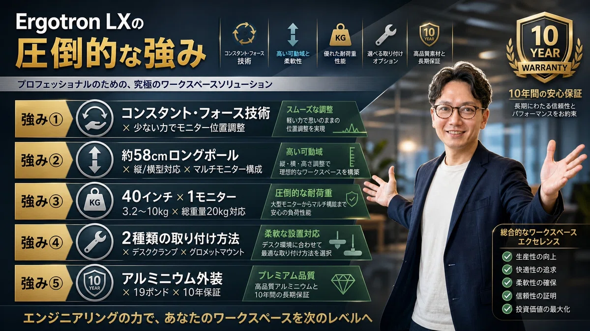 エスワン代表OMASAが両手を大きく広げてErgotron LXの5つの圧倒的な技術的強みをプレゼンテーションしている様子。背景にはコンスタント・フォース技術、ロングポール、重量対応、取り付け方法、アルミ外装と保証のスペックがテキストで配置されている