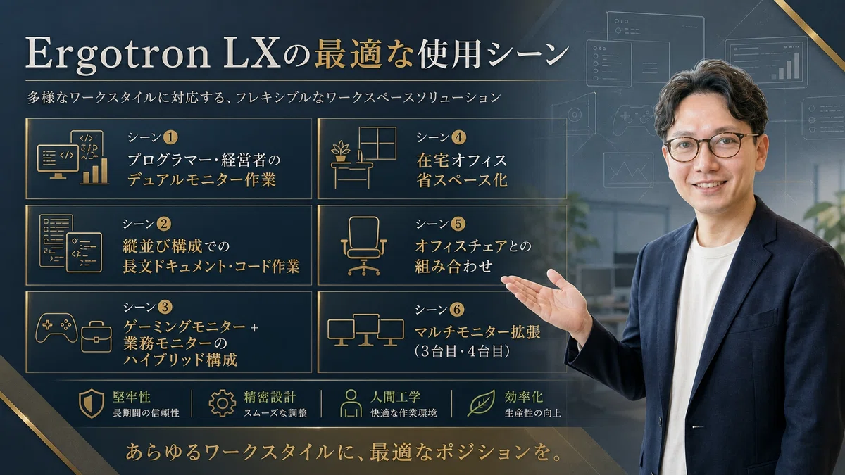 エスワン代表OMASAがプレゼンテーション姿勢でErgotron LXの多様な活用シーンを紹介している様子。背景にはデュアルモニター作業、縦並び構成、ハイブリッド構成、在宅省スペース、チェア連携、マルチモニター拡張の6つの使用シーンがテキストで配置されている