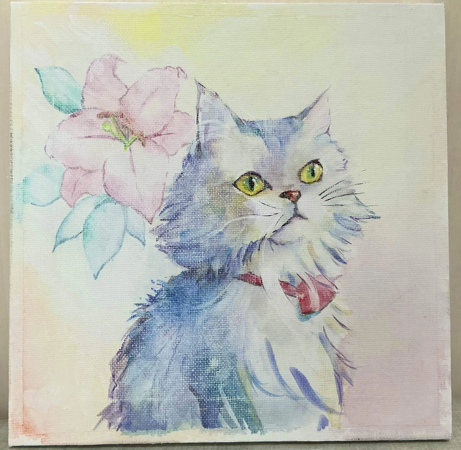 青い空さくら猫(キャンバス&アクリル絵の具) 猫を描きました。 アクリル絵の具｜ぎんなん