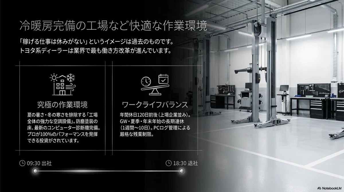冷暖房完備の工場など快適な作業環境