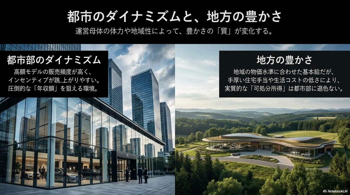 都市部と地方ディーラーにおける給与水準の格差