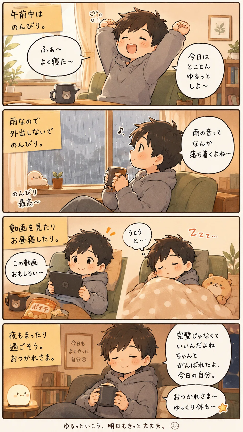 4コマ漫画】雨の日は、のんびりを楽しむ日｜じる