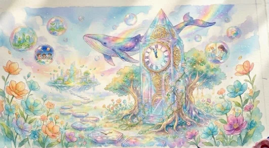 風景と時計 水彩画 水色の丸い形の壁掛け時計の水彩イラストのイラスト