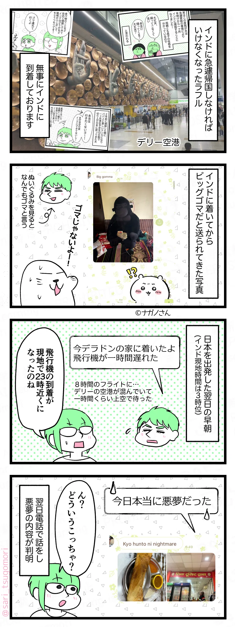 マンガの画像。以下内容テキスト：
１：
インドに急遽帰国しなければいけなくなった夫ラフル。無事にインドに到着しております。 ［デリー空港の写真と帰省することになった話の漫画の一コマ］
２：
インドに着いてからビッグゴマだと送られてきた写真。ぬいぐるみを見るとなんでもゴマというラフル。
［ゴリラのぬいぐるみの写真］ 
アザラシ（ゴマじゃないよー！） 

３：
日本を出発した翌日の早朝(インド現地時間は３時位）。
ラフルメッセージ「今デラドンの家に着いたよ。飛行機が一時間遅れた」（８時間のフライトになった。デリー空港が混んでいて上空で一時間くらい待った） 
茶里「飛行機到着したのが現地で23時近くになったということか」

４：
ラフルメッセージ「今日本当に悪夢だった」［画像］ 
茶里「ん？　どういうこっちゃ？」 
翌日電話で話をし悪夢の内容が判明。