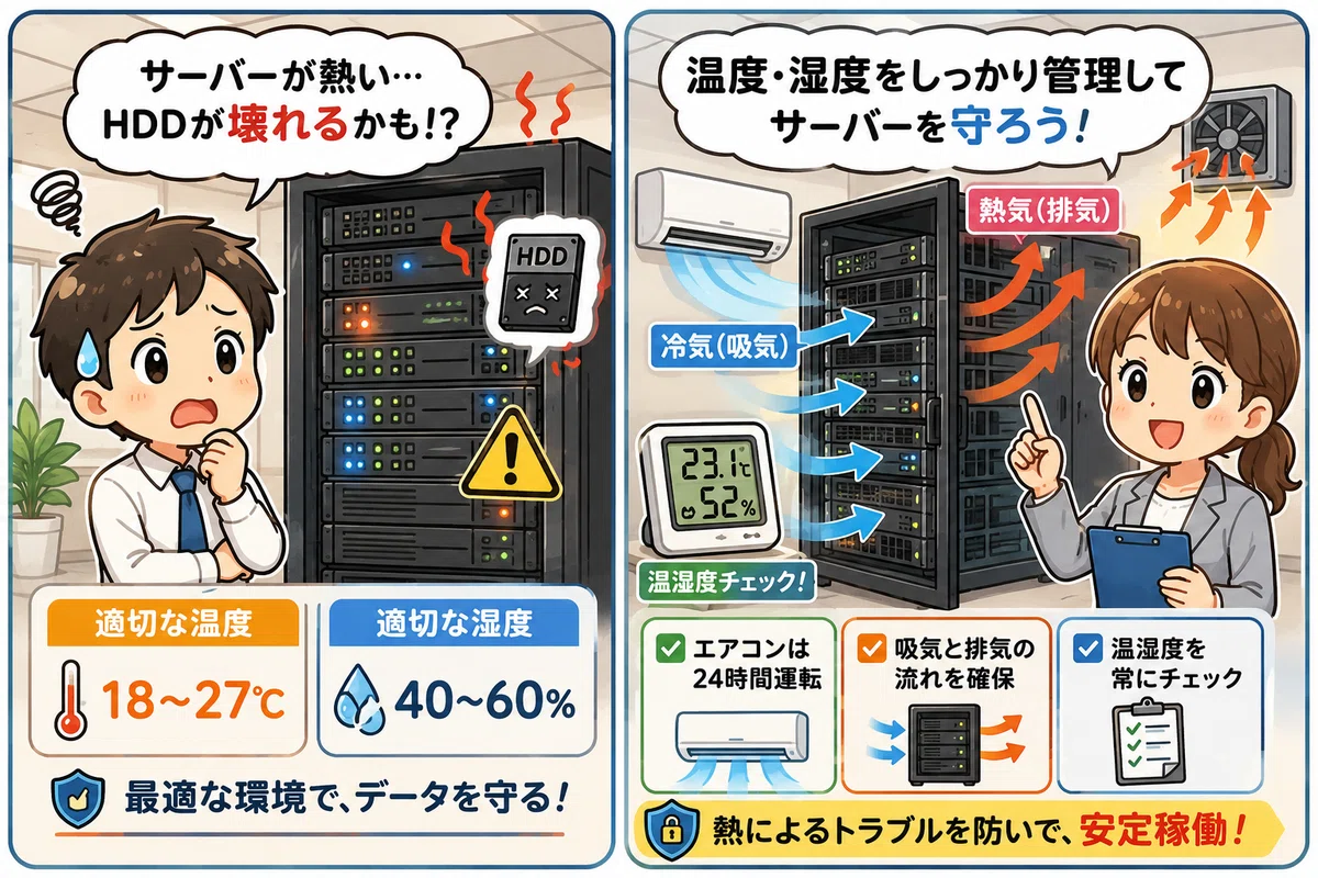 オフィスのサーバールームの適切な温度・湿度管理！熱暴走によるハードディスク破損を防ぐ方法｜中古パソコン屋のナベキンファクトリー