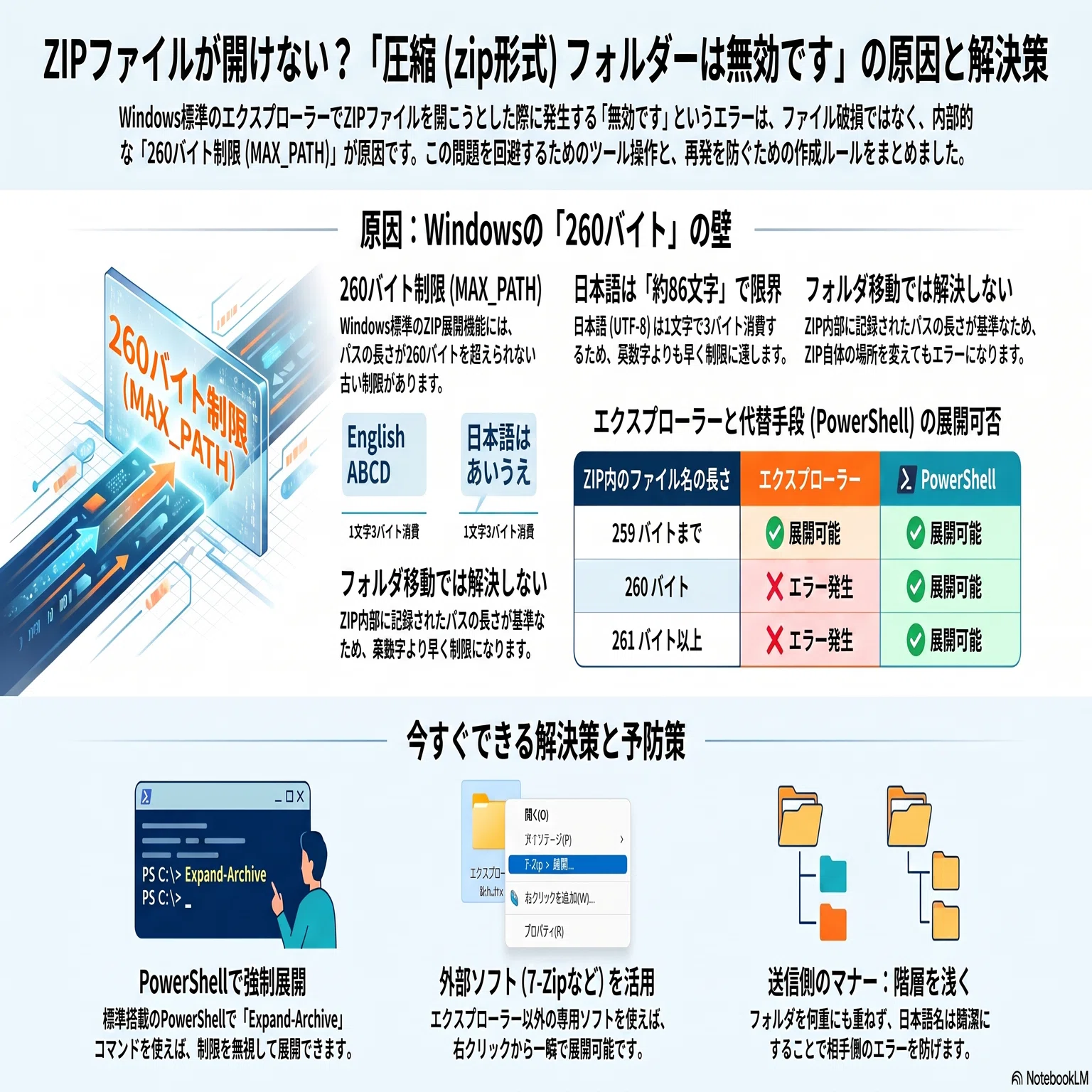 解決】エクスプローラーで「圧縮 (zip 形式) フォルダーは無効です」と