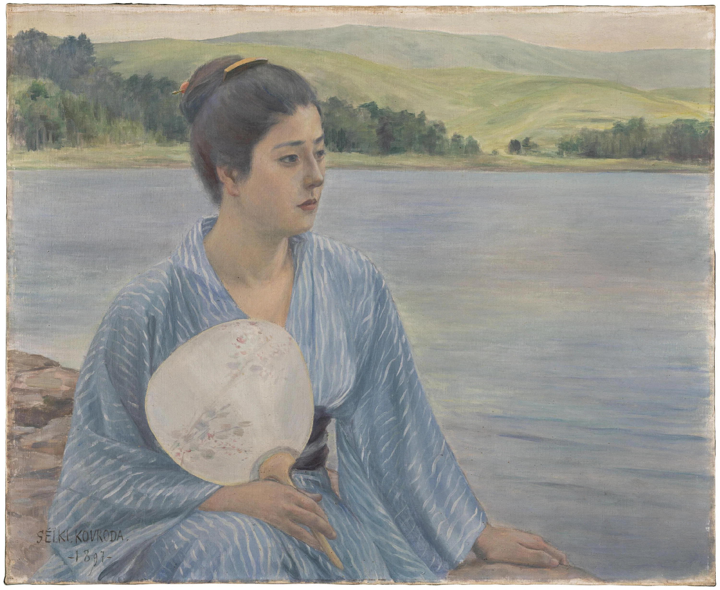 直筆絵画　女性と湖の風景　装飾額縁付き 湖畔』の彼女に恋をして｜ふぁー