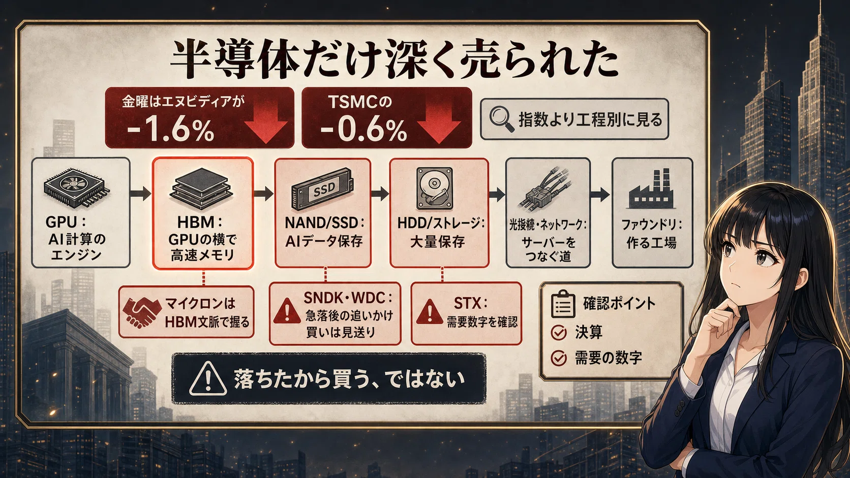 SOXX-5.6%】AIメモリ相場は終わったのか…？WDC・STX・SNDK急落→需要と
