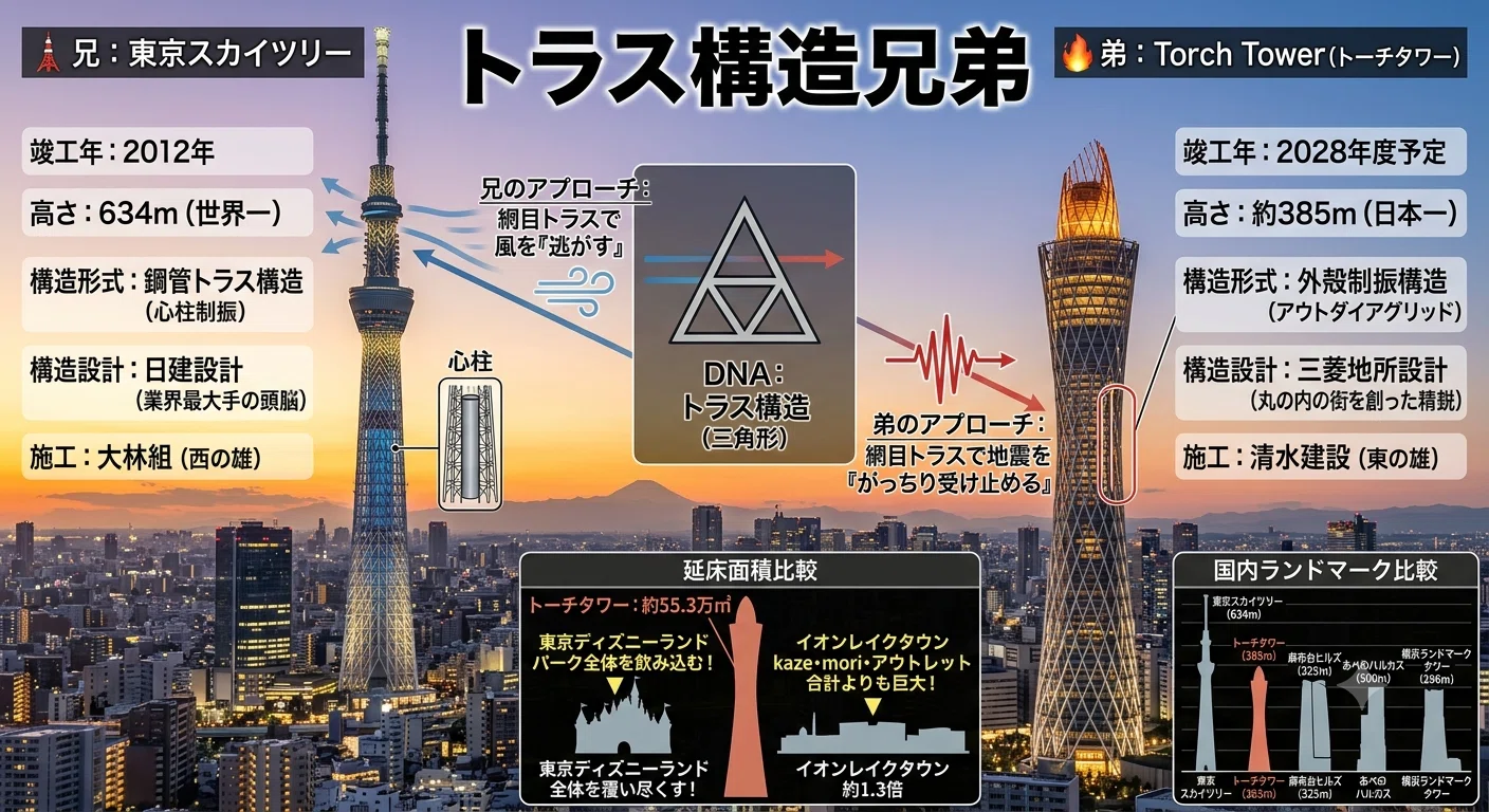 トーチタワー＆東京スカイツリーはトラス構造兄弟｜新道 由生