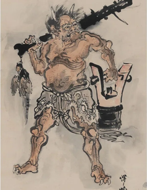 河鍋暁斎の世界」展出品作⑰ 暁斎《鬼に酒肴図》明治4-22年（1871-89年