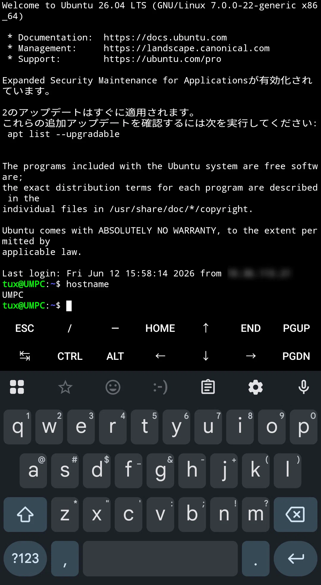 スマホからSSHログインしてるスクショ