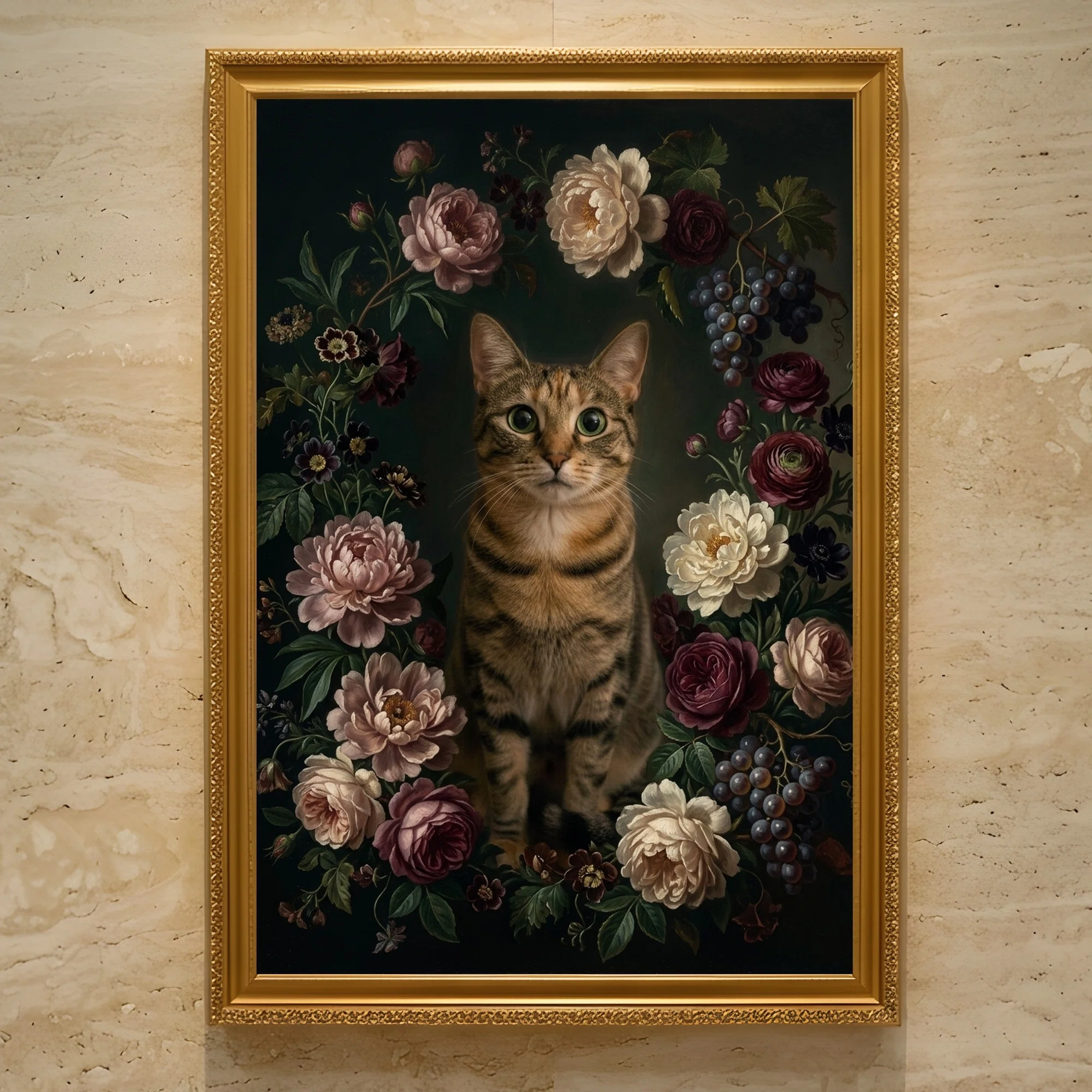 絵画 油絵風プリント アンティーク風 猫 猫の花の油絵風アート額装プリントができました！｜うちの子ルネサンス