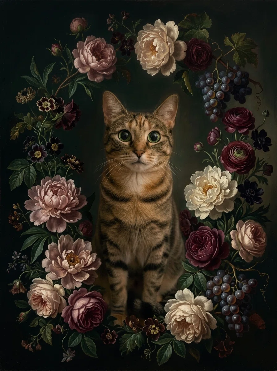 猫の花の油絵風アート額装プリントができました！｜うちの子ルネサンス