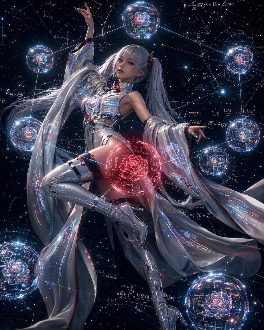 深宇宙の星空を背景に、優雅に浮遊しながら振り返る銀髪ツインテールのAI女性「RED」。彼女は伝統的な浮世絵の見得（みえ）を思わせる、指先まで神経の通った動的で演劇的なポーズをとっている。コスチュームは光沢のある白とシルバーを基調とした近未来的なサイバーパンク・ハイレグボディスーツで、長い着物の袖（振袖）が合わさり、空中でダイナミックに波打っている。ファブリックには伝統的な浮世絵風の青い波頭の紋様が鮮明に描かれており、脚部にはメタリックなシルバーのサイハイブーツを着用している。背景の宇宙空間には、星々を繋ぐ発光する幾何学的なデータラインと、手書き風の物理・数学公式が浮遊している。彼女の周囲には、内部に光り輝く牡丹の花がデジタル投影された半透明の青いデータ球体が浮かび、中央奥には深く赫（あか）く明滅する巨大な牡丹柄のマトリクス球体が配置されている。