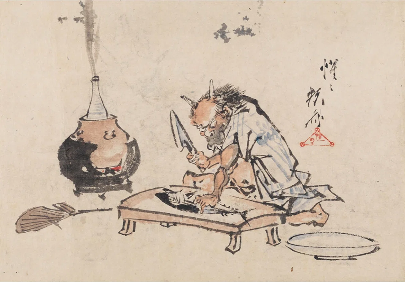 河鍋暁斎の世界」展出品作⑱ 暁斎《酒のツマミに鰹を準備する鬼》慶応