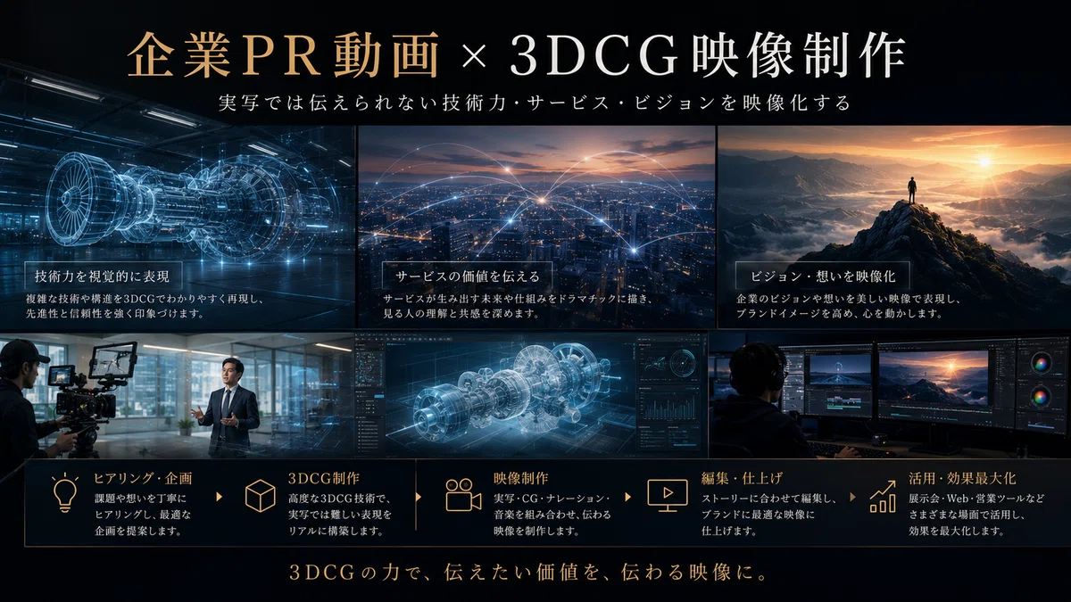 企業PR動画×3DCG映像制作|実写では伝えられない技術力・サービス・ビジョンを映像化するイメージ