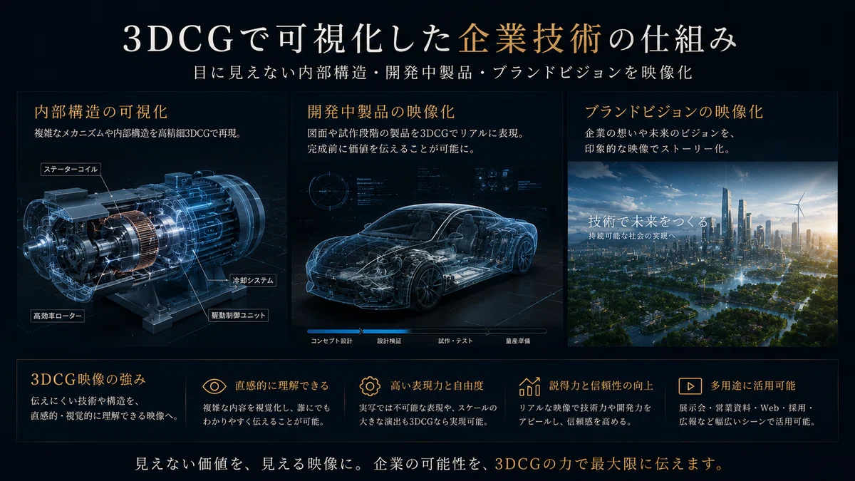 3DCGで可視化した企業技術の仕組み|目に見えない内部構造・開発中製品・ブランドビジョンを映像化