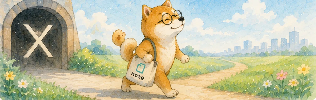 Xを振り切ってnoteと歩く赤柴の画像