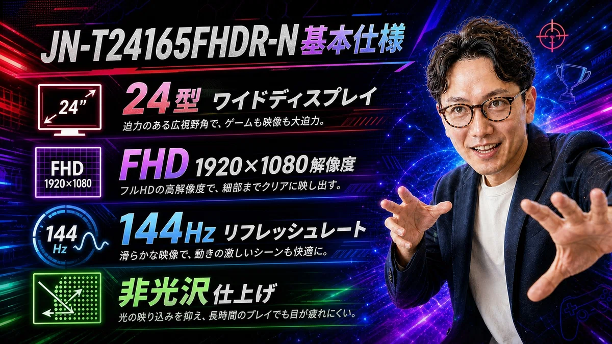 エスワン代表OMASAが自信に満ちた表情でJAPANNEXT JN-T24165FHDR-Nの基本仕様を解説している様子。背景には24型ワイド、FHD 1920×1080解像度、144Hzリフレッシュレート、非光沢仕上げの4つのスペックがテキストで配置されている。