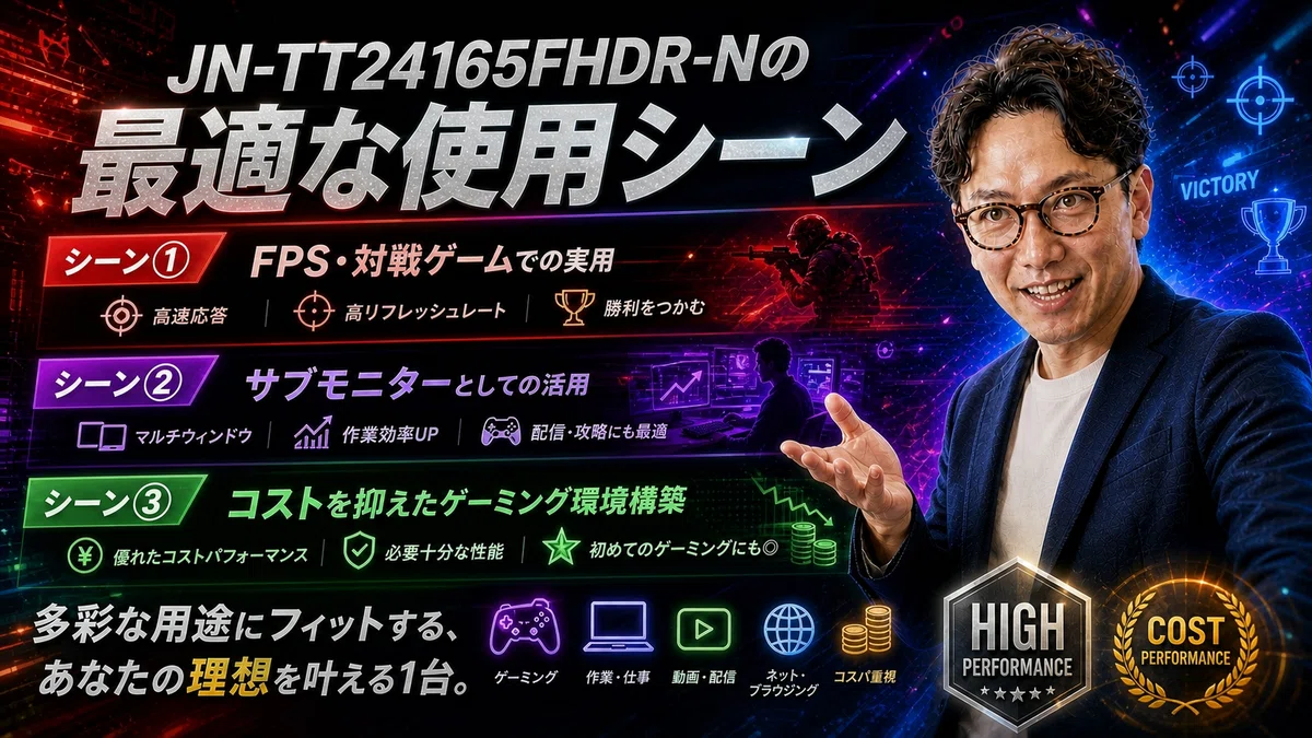 エスワン代表OMASAがプレゼンテーションでJAPANNEXT JN-T24165FHDR-Nの多彩な活用シーンを紹介している様子。背景にはFPS・対戦ゲーム実用、サブモニター活用、コストパフォーマンス重視の環境構築の3つのシーンがテキストで構成されている。