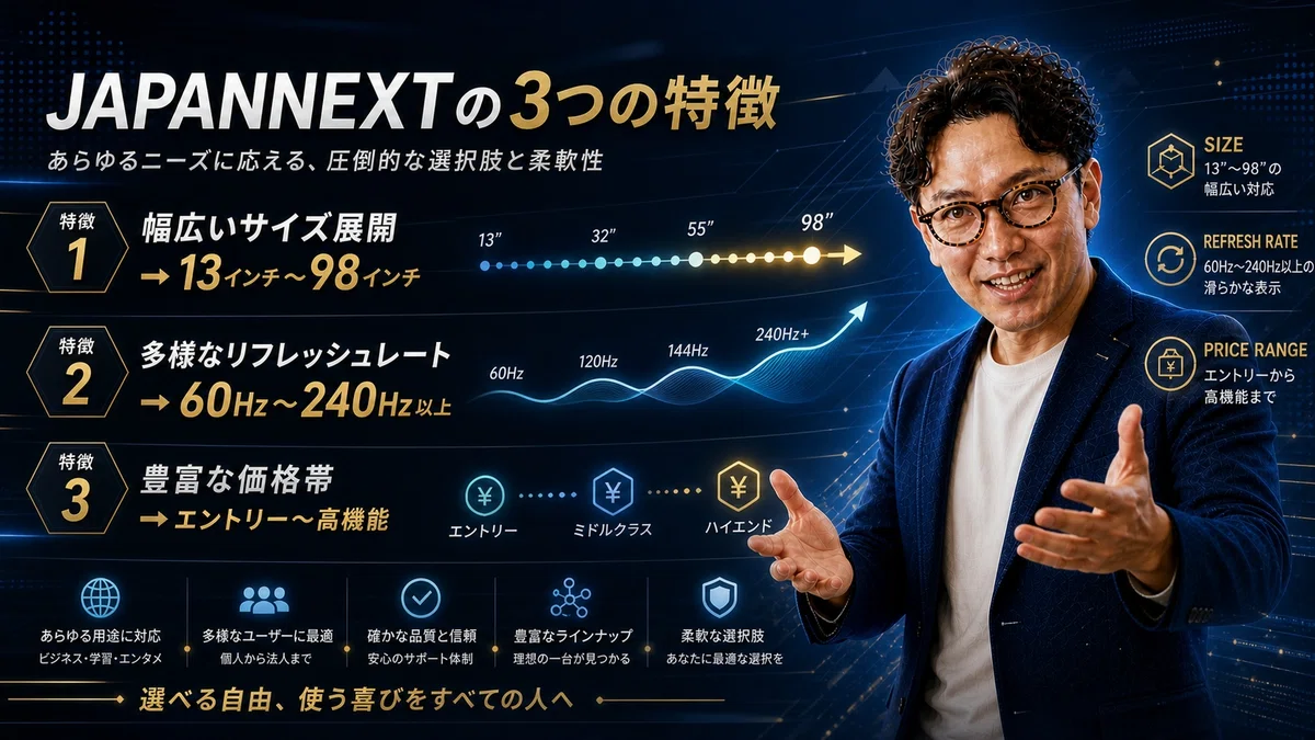 エスワンを代表するOMASAが手を大きく広げてJAPANNEXTブランドの3つの特徴を解説している様子。