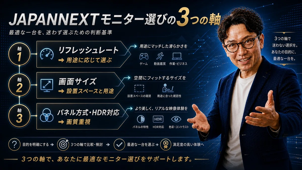 エスワン代表OMASAが3本の指を立てて、JAPANNEXTモニター選定の3つの判断基準を解説している様子背景。