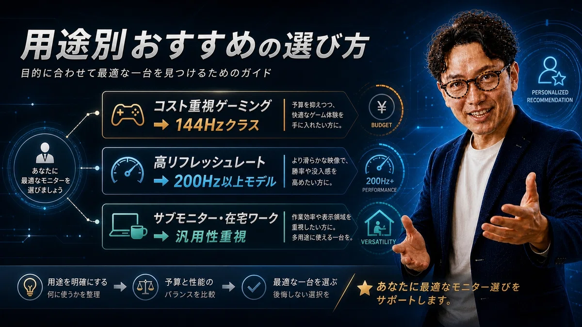 エスワン代表OMASAがコンサルティング姿勢で用途別のJAPANNEXTモニター選びを解説している様子。背景にはコスト重視のゲーミング（144Hzクラス）、高リフレッシュレート（200Hz以上）、サブモニター・在宅ワーク（汎用性重視）の3つの推奨がテキストで構成されている。