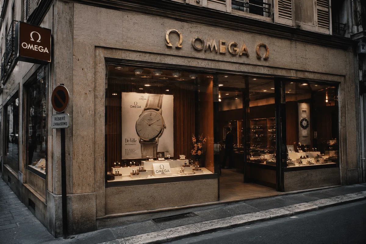 1970年頃のスイスの直営路面店のイメージ（AIによる生成）