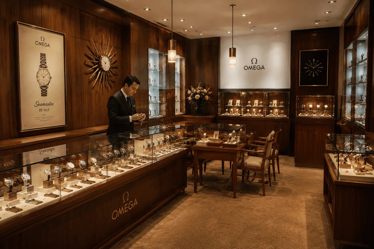1970年頃のスイスのオメガ取扱店のイメージ（AIによる生成）