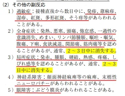 インフルエンザワクチンの副反応(その他の副反応)過敏症:発疹、蕁麻疹、 湿疹、紅斑、多形紅斑、そう痒等
全身症状:発熱、悪寒、頭痛、倦怠感、一過性の 意識消失、めまい、リンパ節腫脹、嘔吐・嘔気、 腹痛、下痢、食欲減退、関節痛、筋肉痛等
局所症状:発赤、腫脹、硬結、熱感、疼痛、しびれ感等
神経系障害:顔面神経麻痺等の麻痺、末梢性ニューロパチー
眼障害:ぶどう膜炎
