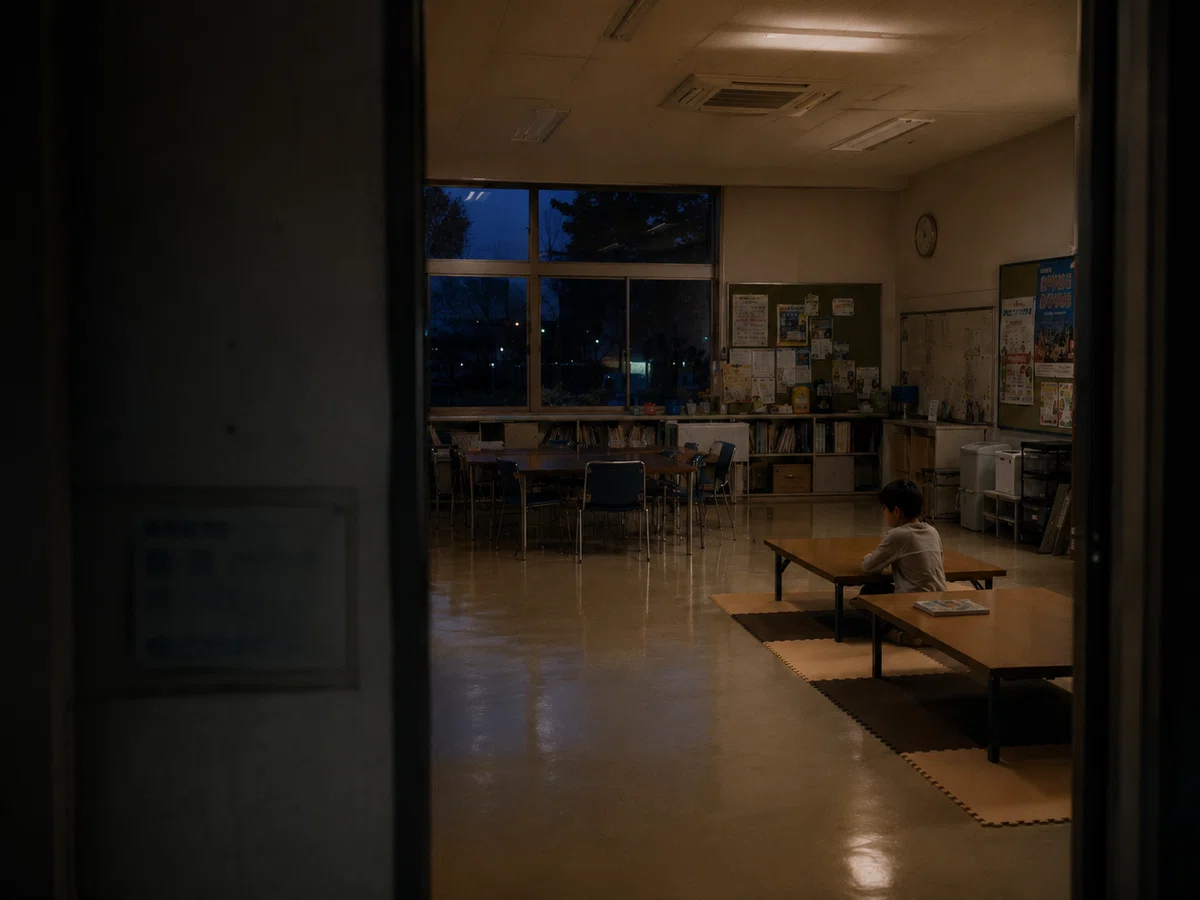 夜の青少年施設内の談話スペース。入口側の壁と扉枠が手前に暗く写り、その奥に蛍光灯が一部だけ点いた広い室内が見える。窓の外は暗く、室内には低い机、椅子、本棚、掲示板、収納棚がある。部屋の右奥寄りの低い机のそばに、小学校低学年くらいの児童が一人で座っている。児童は横顔から背中気味に写っており、表情ははっきりしない。閉館確認中の職員が、入口付近から近づかずに記録用として撮影した写真のように見える。
