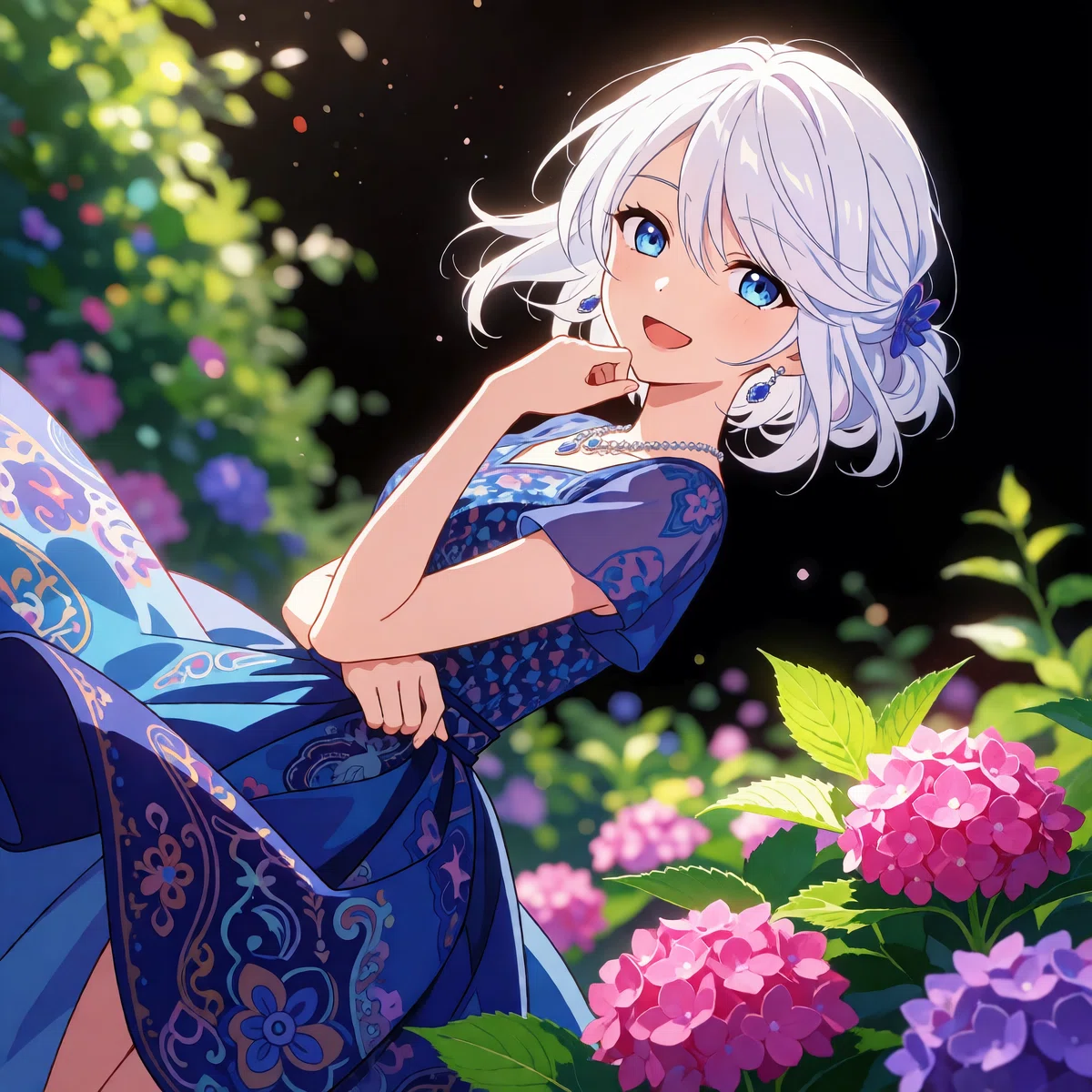 Krea-2-Turbo モデルで生成した青い服を着た女性が花畑で笑顔のアニメイラスト