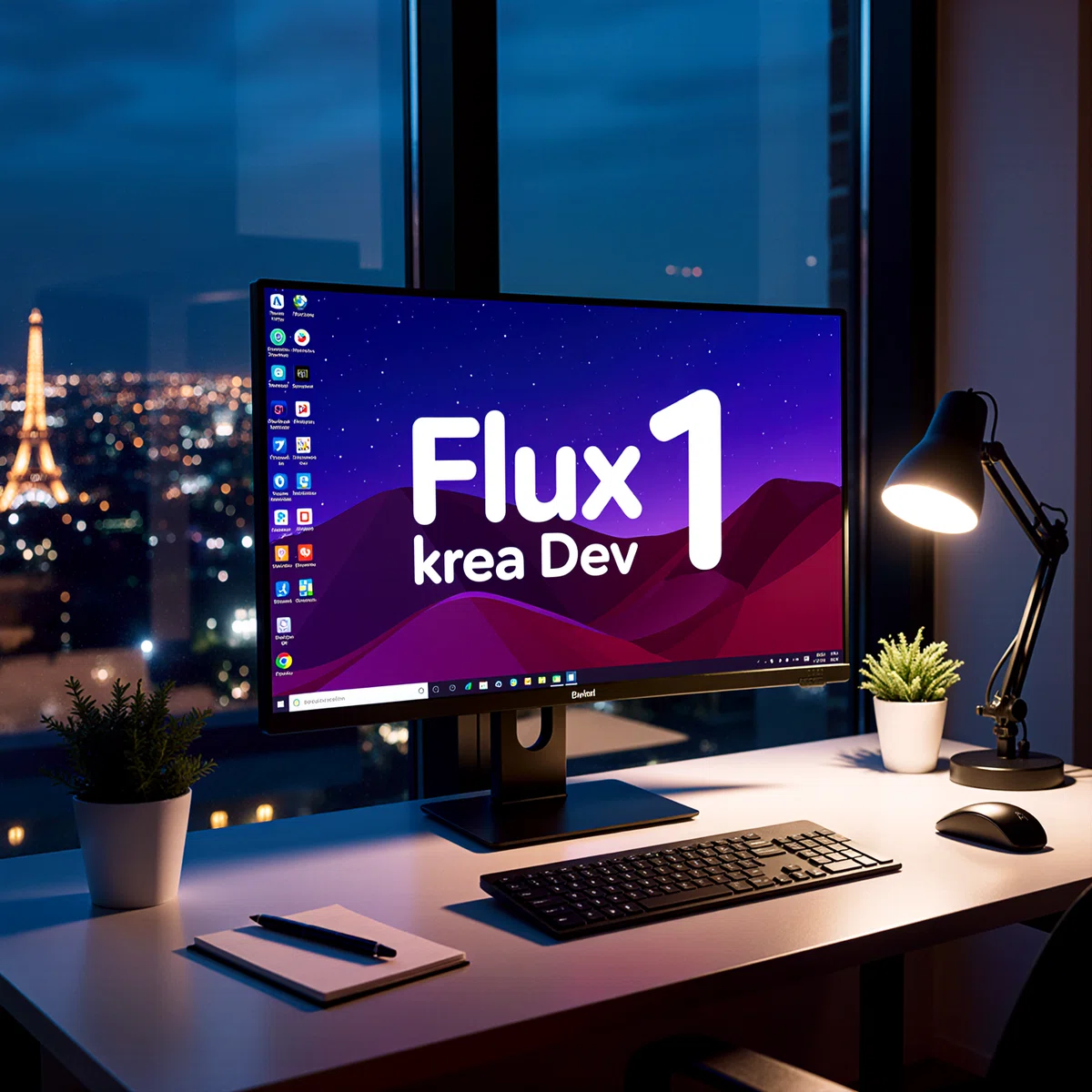 Flux.1-krea-devの作例、パソコンのモニターに Flux1 krea dev と表示されている