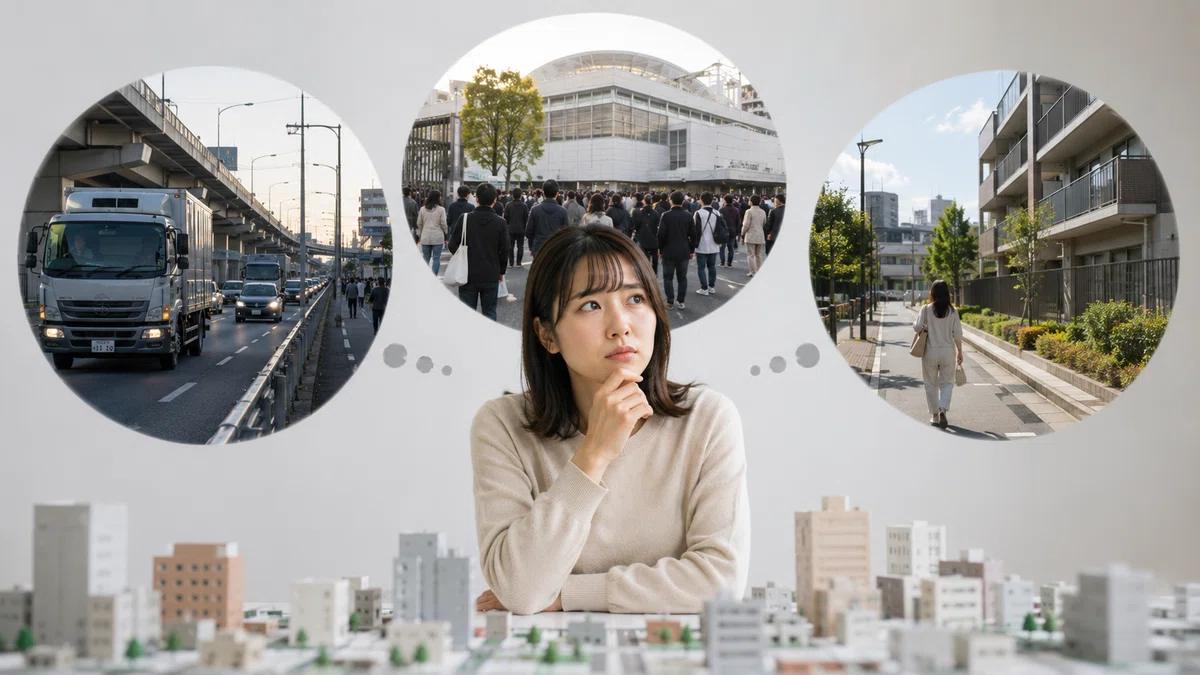 住まい探しで悩む女性と、騒音・駅周辺の混雑・住宅街の環境を表したイメージ