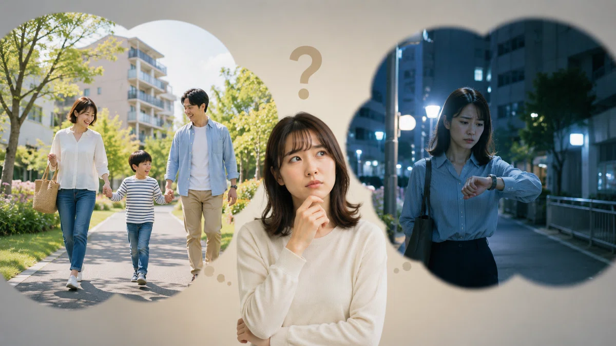 子育て世帯の暮らしと夜の住宅街を比較しながら、自分に合う街を考える女性