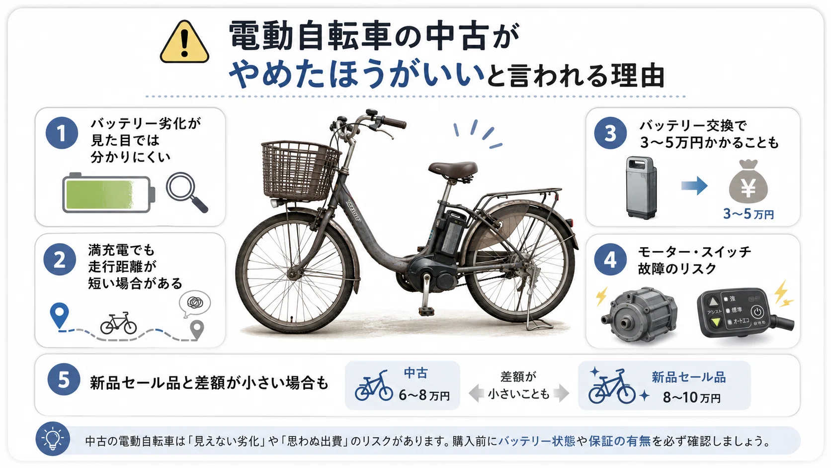 電動自転車の中古はやめたほうがいい？安く買う前に知っておきたいこと